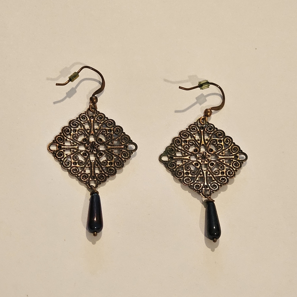 NEW Gold Blue Brass Ornamental Earrings Bohemian Victorian Vintage Whimsigoth - Picture 4 of 4